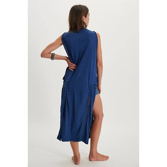 Free People Willow Maxi Top Cochet Lace Ruffle Cotton Jersey Blue S New 283791 - Picture 2 of 9